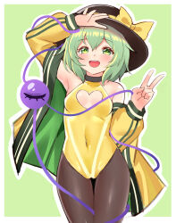 Rule 34 | 1girl, absurdres, bare shoulders, black choker, black hat, black pantyhose, blush, bow, breasts, cameltoe, choker, cleavage, cleavage cutout, clothing cutout, covered navel, eyelashes, green background, green eyes, green hair, hair between eyes, hand on own head, hat, hat ribbon, highres, jacket, komeiji koishi, leotard, looking at viewer, medium hair, open clothes, open mouth, pantyhose, ribbon, round teeth, second-party source, sidelocks, simple background, small breasts, smile, solo, standing, teeth, thigh gap, third eye, touhou, upper teeth only, v, yangshangshu, yellow bow, yellow jacket, yellow leotard, yellow ribbon