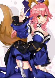 Rule 34 | 1girl, absurdres, animal ear fluff, animal ears, artist request, blue kimono, blue legwear, blue ribbon, breasts, cleavage, commentary, commentary request, fangs, fate/extella, fate/extra, fate/grand order, fate (series), fox ears, fox girl, fox shadow puppet, fox tail, hair ribbon, hand gesture, highres, japanese clothes, kimono, large breasts, looking at viewer, md5 mismatch, open mouth, pink hair, resolution mismatch, ribbon, shadow puppet, sign language, solo, source smaller, tail, tamamo (fate), tamamo no mae (fate/extra), yellow eyes