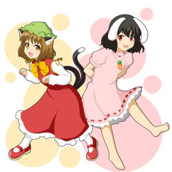 Rule 34 | 2girls, animal ears, arms behind back, barefoot, bow, brown eyes, brown hair, carrot, cat ears, cat tail, chen, dress, earrings, fang, hat, inaba tewi, jewelry, leg up, long sleeves, looking at viewer, mary janes, mitya, mob cap, multiple girls, multiple tails, open mouth, pantyhose, paw pose, pendant, pink dress, polka dot, polka dot background, puffy short sleeves, puffy sleeves, rabbit ears, rabbit tail, red eyes, shoes, short hair, short sleeves, simple background, single earring, skirt, skirt set, tail, touhou, white legwear