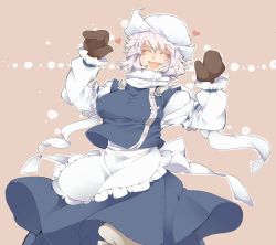 Rule 34 | 1girl, apron, blush, bow, breasts, eyebrows, closed eyes, female focus, hat, heart, iroyopon, large breasts, letty whiterock, long skirt, long sleeves, open mouth, purple hair, scarf, short hair, skirt, solo, thick eyebrows, touhou, white scarf