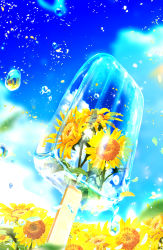 Rule 34 | absurdres, blurry, blurry background, bubble, cloud, cloudy sky, day, falling petals, field, flower, flower field, food, highres, ice cream, makoron117117, nature, no humans, original, outdoors, petals, reflection, reflective water, scenery, sky, summer, sunflower, sunflower field, sunflower petals, water, wood