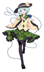 Rule 34 | 1girl, :d, black footwear, black hat, black pantyhose, blue eyes, blush, floral print, frilled sailor collar, frilled skirt, frilled sleeves, frills, full body, green sailor collar, green skirt, hat, hat ribbon, head tilt, highres, komeiji koishi, long sleeves, mary janes, medium skirt, open mouth, pantyhose, print skirt, ribbon, sailor collar, shirt, shoes, short hair, silver hair, simple background, skirt, smile, snozaki, solo, standing, standing on one leg, sun hat, touhou, white background, wide sleeves, yellow ribbon, yellow shirt