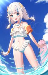 Rule 34 | 2girls, :d, bikini, blue eyes, blue hair, blue nails, blue sky, bracelet, breasts, cloud, commentary, english commentary, frilled bikini, frills, gawr gura, highres, hololive, hololive english, inflatable armbands, jewelry, keipup, long hair, looking at viewer, medium hair, mori calliope, multicolored hair, multiple girls, nail polish, navel, open mouth, sharp teeth, sky, small breasts, smile, streaked hair, swimsuit, teeth, twintails, virtual youtuber, wading, water, white bikini, white hair