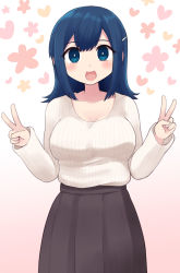 Rule 34 | 1girl, black skirt, blue eyes, blue hair, blush, breasts, double v, heart, highres, kantai collection, large breasts, long hair, long sleeves, official alternate costume, open mouth, ribbed sweater, simoyuki, simple background, skirt, solo, souryuu (kancolle), sweater, v