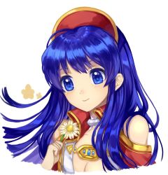 Rule 34 | 1girl, blue eyes, blue hair, blush, dress, fire emblem, fire emblem: the binding blade, fire emblem heroes, flower, hat, head tilt, jurge, lilina (fire emblem), long hair, looking at viewer, nintendo, red hat, simple background, smile, solo, white background