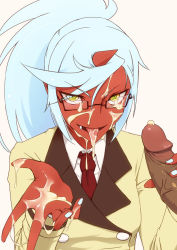 Rule 34 | 10s, 1girl, blue hair, colored skin, cum, cum in mouth, cum on body, cum on eyewear, cum on tongue, cum on upper body, demon girl, facial, fang, glasses, green eyes, horns, kneesocks (psg), open mouth, panty &amp; stocking with garterbelt, penis, ponytail, red skin, school uniform, single horn, smile, solo focus, tongue, uncensored, uniform, yoshinome