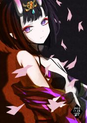 Rule 34 | absurdres, black background, bob cut, breasts, closed mouth, dated, eyeliner, falling petals, fate/grand order, fate (series), headpiece, highres, horns, japanese clothes, kimono, looking at viewer, makeup, off shoulder, open clothes, open kimono, petals, purple eyes, purple hair, revealing clothes, shadow, short hair, shuten douji (fate), signature, skin-covered horns, small breasts, tsukaasa, upper body
