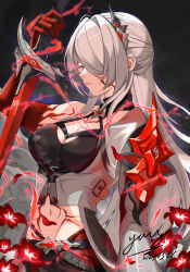 Rule 34 | 1girl, absurdres, acheron (honkai: star rail), arm up, belt, black background, black belt, black choker, breasts, choker, cleavage, commentary request, electricity, flower, grey hair, hair intakes, hair ornament, highres, holding, holding sword, holding weapon, honkai: star rail, honkai (series), katana, large breasts, long hair, mantian fanxing, midriff, navel, official alternate color, red eyes, red flower, single bare shoulder, solo, sword, upper body, very long hair, weapon