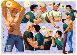 Rule 34 | 2boys, abs, animal ears, bara, black hair, black shirt, blonde hair, blue pants, blue shirt, blush, closed eyes, cosplay, couple, highres, jezz mons art, kiss, large pectorals, looking at another, male focus, multiple boys, muscular, muscular male, navel, nipples, open mouth, orange hair, pants, pectorals, scott pilgrim, scott pilgrim (cosplay), scott pilgrim (series), scott pilgrim takes off, shirt, short hair, smile, tail, todd ingram, undressing, wallace wells, wolf boy, wolf ears, wolf tail, wristband, yaoi