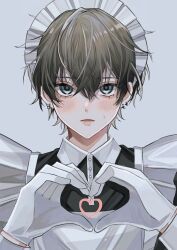 Rule 34 | 1boy, apron, blue eyes, blush, commentary, earrings, gloves, grey background, hair between eyes, heart, heart hands, highres, jewelry, looking at viewer, maid, maid apron, maid headdress, male focus, open mouth, original, parted lips, short hair, simple background, smile, solo, sosaku 25, sweatdrop, symbol-only commentary, upper body, white gloves