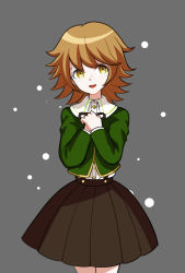 Rule 34 | 1boy, bad id, bad pixiv id, blush, brown eyes, brown hair, brown skirt, commentary request, danganronpa: trigger happy havoc, danganronpa (series), dress shirt, fujisaki chihiro, green jacket, grey background, hands up, highres, jacket, long sleeves, looking at viewer, male focus, mentai shijimi, open mouth, own hands together, pale skin, pleated skirt, ribbon, shirt, short hair, skirt, smile, solo, trap