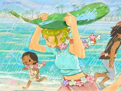 Rule 34 | 1girl, 2others, arms up, beach, black eyes, black hair, black tunic, blonde hair, blue eyes, blue shirt, child, coconut tree, feleven, flower, flower necklace, green eyes, highres, holding, jewelry, leaf umbrella, multiple others, necklace, nintendo, one eye closed, open mouth, palm tree, pants, pointy ears, princess zelda, print sarong, rain, running, sarong, shirt, short hair, smile, starfish, the legend of zelda, the legend of zelda: tears of the kingdom, tree, tunic, white pants