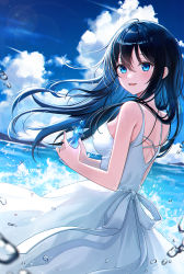 Rule 34 | 1girl, backless dress, backless outfit, bare shoulders, beach, black hair, blue eyes, bottle, breasts, cloud, cloudy sky, cowboy shot, day, dress, facing away, floating clothes, floating hair, highres, holding, holding bottle, long hair, looking at viewer, medium breasts, ocean, open mouth, original, outdoors, pora 0918, ramune, sky, sleeveless, sleeveless dress, smile, solo, sunlight, symbol-only commentary, water drop, waves, white dress, wind