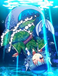 Rule 34 | 1girl, bad id, bad pixiv id, blue eyes, blue hair, bubble, fins, fish tail, head fins, japanese clothes, looking at viewer, matching hair/eyes, mermaid, monster girl, one eye closed, shirokuro gin, short hair, solo, tail, touhou, underwater, upside-down, wakasagihime, wavy hair