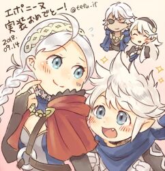 Rule 34 | 2boys, ahoge, blue eyes, braid, brother and sister, capelet, corrin (female) (fire emblem), corrin (fire emblem), family, fire emblem, fire emblem fates, hairband, harness, hood, hood down, hooded capelet, kana (female) (fire emblem), kana (fire emblem), low twin braids, multiple boys, niles (fire emblem), nina (fire emblem), nintendo, o-ring, parted bangs, red capelet, siblings, tefutene, twin braids, white hairband