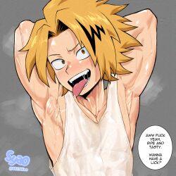 Rule 34 | 0027woo, 1boy, armpits, arms up, blonde hair, blush, boku no hero academia, fangs, kaminari denki, male focus, muscular, muscular male, pectoral cleavage, pectorals, saliva, saliva trail, simple background, solo, sweat, tank top, tongue, tongue out, wet, wet clothes, yellow eyes