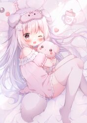 Rule 34 | 1girl, animal ears, bed, blush, brown eyes, dog ears, dog girl, dog tail, dress, eye mask, hair ornament, hairclip, hanasakichu, highres, hug, hugging object, long hair, lying, mask, mask on head, nightgown, no shoes, on side, one eye closed, open mouth, original, pillow, pink dress, pink hair, short dress, short sleeves, smile, solo, stuffed animal, stuffed toy, tail, thighhighs, thighs, white thighhighs