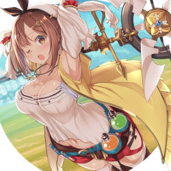 Rule 34 | 1girl, arms up, atelier (series), atelier ryza, atelier ryza 1, baakurou, belt, blue belt, blush, breasts, brown belt, brown eyes, brown hair, cleavage, flask, hair ornament, hairclip, hat, highres, jacket, jewelry, large breasts, leather belt, looking at viewer, navel, necklace, one eye closed, open mouth, red shorts, reisalin stout, round-bottom flask, short hair, short shorts, shorts, sleeveless, sleeveless jacket, solo, star (symbol), star necklace, tears, teeth, thighhighs, upper body, upper teeth only, vial, white hat, yellow jacket