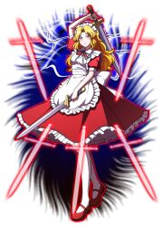 Rule 34 | 1girl, apron, blonde hair, closed mouth, dress, frilled apron, frilled sleeves, frills, full body, holding, holding sword, holding weapon, hoshii 1213, long hair, maid, maid apron, maid headdress, pantyhose, puffy short sleeves, puffy sleeves, red dress, red footwear, shoes, short sleeves, solo, sword, touhou, touhou (pc-98), transparent background, weapon, white apron, white pantyhose, yellow eyes, yumeko (touhou)