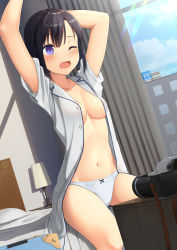 Rule 34 | 1girl, apollo (hu maple), arms up, bed, black hair, blue eyes, blush, breasts, camcorder, cleavage, commentary request, day, dutch angle, grey shirt, highres, indoors, lamp, light rays, medium breasts, navel, no bra, no pants, on bed, one eye closed, open clothes, open shirt, original, panties, shirt, short hair, short sleeves, sitting, solo, stomach, sunbeam, sunlight, underwear, video camera, white panties