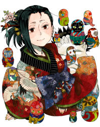 Rule 34 | 10s, 1girl, bad id, bad pixiv id, black hair, boku no hero academia, bow, cat, collarbone, commentary request, flower, hair flower, hair ornament, hairpin, japanese clothes, kimono, long hair, looking at viewer, matryoshka doll, nail polish, nekodou (yukatin1000), ponytail, red eyes, ribbon, simple background, solo, white background, yaoyorozu momo, yellow nails