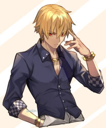 Rule 34 | 1boy, aoten (aoiroarekore), blonde hair, bracelet, buttons, checkered clothes, collared shirt, commentary request, cowboy shot, dress shirt, earrings, fate/grand order, fate (series), fingernails, gilgamesh (fate), gold bracelet, gold earrings, gold necklace, hand in pocket, hand up, highres, jewelry, long sleeves, male focus, necklace, red eyes, shirt, short hair, sleeves past elbows, solo, twitter username, two-tone background