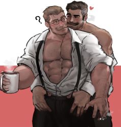 Rule 34 | 2boys, ?, abs, arm hair, assisted exposure, bara, beard, black-framed eyewear, black pants, chest hair, cigar, clothes pull, coffee mug, couple, cup, dopey (dopq), eye contact, facial hair, glasses, heart, highres, large pectorals, looking at another, male focus, mature male, mug, multiple boys, muscular, muscular male, mustache, navel, navel hair, old, old man, open clothes, open shirt, original, pants, pants pull, pectoral cleavage, pectorals, pulling another&#039;s clothes, raised eyebrows, round eyewear, seductive smile, short hair, sideburns, smile, stomach, stubble, thick eyebrows, undressing another, yaoi