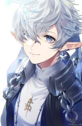 1boy adzuma_nishi alphinaud_leveilleur blue_eyes blue_jacket crossed_bangs earclip elezen elf final_fantasy final_fantasy_xiv glint highres jacket long_hair looking_at_viewer male_focus pointy_ears simple_background smile solo upper_body white_background white_hair