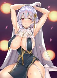 Rule 34 | 1girl, armpits, arms behind head, arms up, azur lane, bare shoulders, benten (ioj3446), blush, braid, breast curtains, breasts, china dress, chinese clothes, cleavage, dress, flower, garter straps, gloves, grey dress, hair between eyes, hair flower, hair ornament, high heels, highres, large breasts, looking at viewer, neckwear between breasts, parted lips, pelvic curtain, red eyes, revealing clothes, see-through, short hair, side braid, sideboob, sirius (azur lane), sirius (azure horizons) (azur lane), sitting, solo, thighhighs, wariza, white footwear, white gloves, white hair, white thighhighs