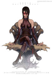 Rule 34 | 1girl, arc system works, bare shoulders, belt, black hair, blindfold, boots, breasts, bridal gauntlets, collar, eddie (guilty gear), foreshortening, genderswap, genderswap (mtf), guilty gear, crossed legs, lipstick, makeup, nekkeau, pantyhose, shorts, sitting, sleeveless, small breasts, solo, spandex, thorns, turtleneck, zato-1