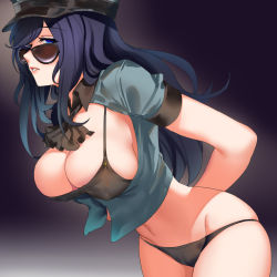 Rule 34 | 1girl, arms behind back, black bra, black panties, blue eyes, blue hair, bra, breasts, brown-tinted eyewear, caitlyn (league of legends), cameltoe, covered erect nipples, crop top, glasses, hat, large breasts, league of legends, leaning forward, lips, long hair, looking at viewer, looking over eyewear, looking over glasses, navel, neckerchief, no pants, officer caitlyn, panties, parted lips, pd (pdpdlv1), police, police hat, police uniform, policewoman, solo, sunglasses, swept bangs, tinted eyewear, underwear, undressing, uniform