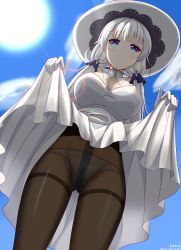 Rule 34 | 1girl, absurdres, azur lane, bad id, bad pixiv id, black pantyhose, blue eyes, blue sky, blunt bangs, blush, breasts, bright pupils, cameltoe, cleavage, closed mouth, clothes lift, cloud, day, dress, dress lift, dutch angle, expressionless, from below, gluteal fold, groin, hat, highres, illustrious (azur lane), large breasts, legs apart, lens flare, lifting own clothes, long hair, looking at viewer, looking down, low twintails, nanase rin (8021582), outdoors, panties, panties under pantyhose, pantyhose, silver hair, sky, solo, sun, sun hat, sunlight, thighband pantyhose, twintails, underwear, weibo watermark, white dress, white hat, white panties