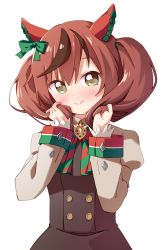 Rule 34 | 1girl, blush, bow, bowtie, bright pupils, brown dress, brown hair, closed mouth, collared dress, cowboy shot, diagonal-striped bow, dress, ear covers, eyes visible through hair, green bow, green bowtie, hair between eyes, hair bow, hair ornament, hands in hair, haru (konomi 150), highres, horse girl, juliet sleeves, long hair, long sleeves, looking at viewer, multicolored bowtie, multicolored hair, nice nature (umamusume), puffy sleeves, red bow, red bowtie, simple background, smile, solo, standing, straight hair, tsurime, twintails, two-tone hair, umamusume, white background, yellow eyes