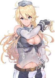 Rule 34 | 1girl, anchor, blonde hair, blue eyes, breasts, cleavage, cowboy shot, elbow gloves, fingerless gloves, flag print, front-tie top, gegeron, gloves, headgear, highres, iowa (kancolle), kantai collection, large breasts, long hair, miniskirt, skirt, star-shaped pupils, star (symbol), symbol-shaped pupils, white background