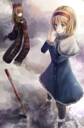 Rule 34 | 2girls, alice margatroid, black legwear, blonde hair, blue coat, blue eyes, blush, boots, bow, brown footwear, capelet, coat, coat dress, full body, fur-trimmed capelet, fur boots, fur trim, grey capelet, hair between eyes, hair bow, hairband, highres, holding, holding clothes, holding scarf, kisuke1212, long hair, multiple girls, open mouth, red bow, red hairband, scarf, shanghai doll, short hair, standing, touhou, winter, winter clothes, winter coat