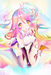Rule 34 | 1girl, angel, angel wings, asymmetrical legwear, breasts, chappyzilla, commentary request, spiked halo, feathered wings, gloves, gradient hair, gradient wings, halo, jibril (no game no life), large breasts, long hair, looking at viewer, low wings, magic circle, midriff, mismatched legwear, multicolored eyes, multicolored hair, multicolored wings, navel, no game no life, orange eyes, pink hair, purple eyes, shoes, single shoe, solo, tattoo, very long hair, wing ears, wings, yellow eyes