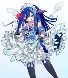 Rule 34 | 1girl, black gloves, black thighhighs, blue bow, blue hair, bow, detached sleeves, dress, frill inferno, gloves, heart, heart-shaped pupils, highres, lifted by self, magical girl, short sleeves, simple background, smile, solo, standing, sunabata tsubame, symbol-shaped pupils, tai sekaiyou mahou shoujo tsubame, thighhighs, white background, white bow, white dress, wings