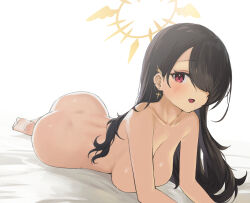 Rule 34 | 1girl, aak, absurdres, ass, barefoot, black hair, blue archive, breasts, commentary request, cross, cross earrings, earrings, hair over one eye, halo, highres, hinata (blue archive), jewelry, large breasts, long hair, looking at viewer, lying, nude, one eye covered, open mouth, red eyes, smile, solo, white background, yellow halo