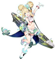 Rule 34 | 1girl, ;d, albacore (azur lane), albacore (muse) (azur lane), arm up, armband, azur lane, bare arms, bare shoulders, belt, blonde hair, boots, byulzzi, crop top, double bun, fang, full body, garter straps, gloves, green eyes, green vest, hair bun, hair ornament, highres, idol, long hair, looking at viewer, machinery, megaphone, midriff, navel, official alternate costume, official art, one eye closed, open mouth, shirt, short shorts, shorts, single thighhigh, sleeveless, sleeveless shirt, smile, solo, stomach, thighhighs, thighs, transparent background, vest, white footwear, white gloves, white shirt, white shorts, white thighhighs