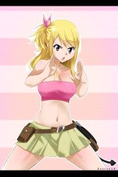 Rule 34 | 1girl, absurdres, artist name, bare shoulders, belt, belt buckle, blonde hair, blush, breasts, brown eyes, buckle, cleavage, collarbone, cowboy shot, fairy tail, gaston18, highres, large breasts, looking at viewer, lucy heartfilia, medium hair, midriff, miniskirt, navel, open mouth, pouch, skirt, sleeveless, solo, standing, stomach, strapless, striped, striped background, tube top, watermark, whip