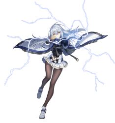 Rule 34 | aiming, belt, black gloves, counter:side, electricity, full body, fur trim, gaeun (counter:side), gloves, gun, highres, holding, holding gun, holding weapon, holster, holstered, jacket, long hair, long sleeves, pantyhose, pleated skirt, pointing weapon, skirt, weapon, white background, white hair, yellow eyes