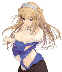 Rule 34 | 1girl, areola slip, black skirt, blonde hair, blue shirt, breasts, cleavage, covering privates, covering breasts, cowboy shot, double bun, fletcher (kancolle), fuwafuwatoufu, gloves, hair bun, hair ornament, hairband, highres, kantai collection, large breasts, long hair, navel, neckerchief, off shoulder, panties, pleated skirt, purple eyes, sailor collar, school uniform, serafuku, shirt, skirt, solo, star (symbol), star hair ornament, stomach, torn clothes, torn shirt, torn sleeves, underwear, white background, white gloves, white sailor collar, yellow neckerchief