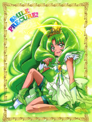 Rule 34 | 10s, 1girl, absurdres, boots, copyright name, crown, cure march, cure march (princess form), elbow gloves, gloves, green eyes, green hair, green shorts, green skirt, green theme, highres, kawamura toshie, legs, long hair, matching hair/eyes, midorikawa nao, non-web source, official art, precure, rainbow text, shorts, shorts under skirt, skirt, smile precure!, solo, very long hair