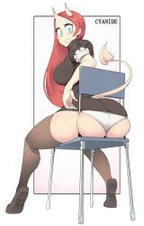 Rule 34 | 1girl, :d, ass, black thighhighs, blue eyes, blush, breasts, chair, clothes lift, cyanide (veks), demon girl, demon horns, demon tail, dress, dress lift, female focus, highres, horns, huge ass, large breasts, long hair, looking at viewer, looking back, on chair, open mouth, original, panties, pink background, raised eyebrows, red hair, short dress, shy, simple background, sitting, sitting on object, smile, sweatdrop, tail, tareme, text focus, thighhighs, underwear, veks, white background, white panties