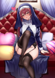 Rule 34 | 1girl, absurdres, black socks, breasts, couch, feet, garter belt, heart, highres, hololive, houshou marine, houshou marine (nun), kneehighs, large breasts, leg up, long hair, nun, open mouth, pillow, red eyes, red hair, sitting, socks, solo, thighs, tufang, virtual youtuber