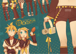 Rule 34 | 1boy, 1girl, aqua eyes, ass, bass clef, blonde hair, blush, boots, brother and sister, chicken (food), cover, crossed arms, cursor, detached sleeves, feeno, food, hair ornament, hair ribbon, hairclip, headphones, headset, kagamine len, kagamine rin, leg warmers, legs, looking up, midriff, navel, necktie, pantyhose, ribbon, sailor collar, short hair, short shorts, shorts, siblings, skirt, striped clothes, striped thighhighs, thighhighs, twins, vocaloid