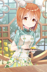 Rule 34 | 1girl, blurry, blurry background, blush, brown eyes, brown hair, bun cover, closed mouth, commentary request, cup, depth of field, double bun, dress, drink, drinking glass, hagiwara yukiho, hair between eyes, hair bun, highres, holding, holding tray, idolmaster, idolmaster (classic), idolmaster million live!, idolmaster million live! theater days, looking at viewer, mimikaki (men bow), short hair, short sleeves, smile, solo, sparkle, table, tray, white dress, wrist cuffs