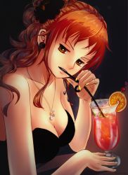 Rule 34 | 1girl, bad id, bad pixiv id, black background, black dress, breasts, brown eyes, cherry, cleavage, cocktail, cup, dress, drink, drinking, drinking glass, drinking straw, earrings, fingernails, flower, food, fruit, glass, hair flower, hair ornament, head tilt, hurricane glass, jewelry, long fingernails, looking at viewer, marmaladica, medium breasts, nail polish, nami (one piece), necklace, one piece, orange (fruit), orange hair, orange slice, parted lips, pendant, solo, strapless, strapless dress, table, tattoo, upper body, yellow nails