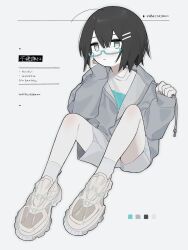 Rule 34 | 1girl, absurdres, black hair, blush, bob cut, color guide, commentary request, drawstring pull, elbow on knee, english text, full body, glasses, grey background, grey eyes, grey hoodie, grey shorts, grey socks, hair ornament, hairclip, hand on own cheek, hand on own face, hands up, highres, hood, hood down, hoodie, knees up, long sleeves, myomuron, original, partially unzipped, shirt, shoes, short hair, shorts, simple background, sitting, sleeves past wrists, sneakers, socks, solo, translation request, white shirt