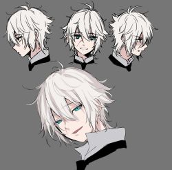Rule 34 | 1boy, angry, antenna hair, aqua eyes, black neckwear, closed mouth, grey background, hair between eyes, happy, konbumeshi, male focus, multiple views, open mouth, original, parted lips, portrait, sad, scar, scar on face, simple background, smile, white hair